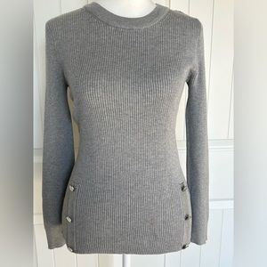 EUC gray Tahari crew neck with silver button details